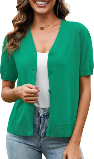 VIISHOW Short Sleeve Lightweight Summer Cardigan for Women, Button Down Open Front V Neck Crochet Knit Cropped Bolero Shrugs