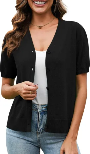 VIISHOW Short Sleeve Lightweight Summer Cardigan for Women, Button Down Open Front V Neck Crochet Knit Cropped Bolero Shrugs
