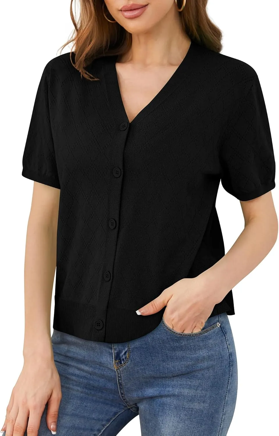 VIISHOW Short Sleeve Lightweight Summer Cardigan for Women, Button Down Open Front V Neck Crochet Knit Cropped Bolero Shrugs