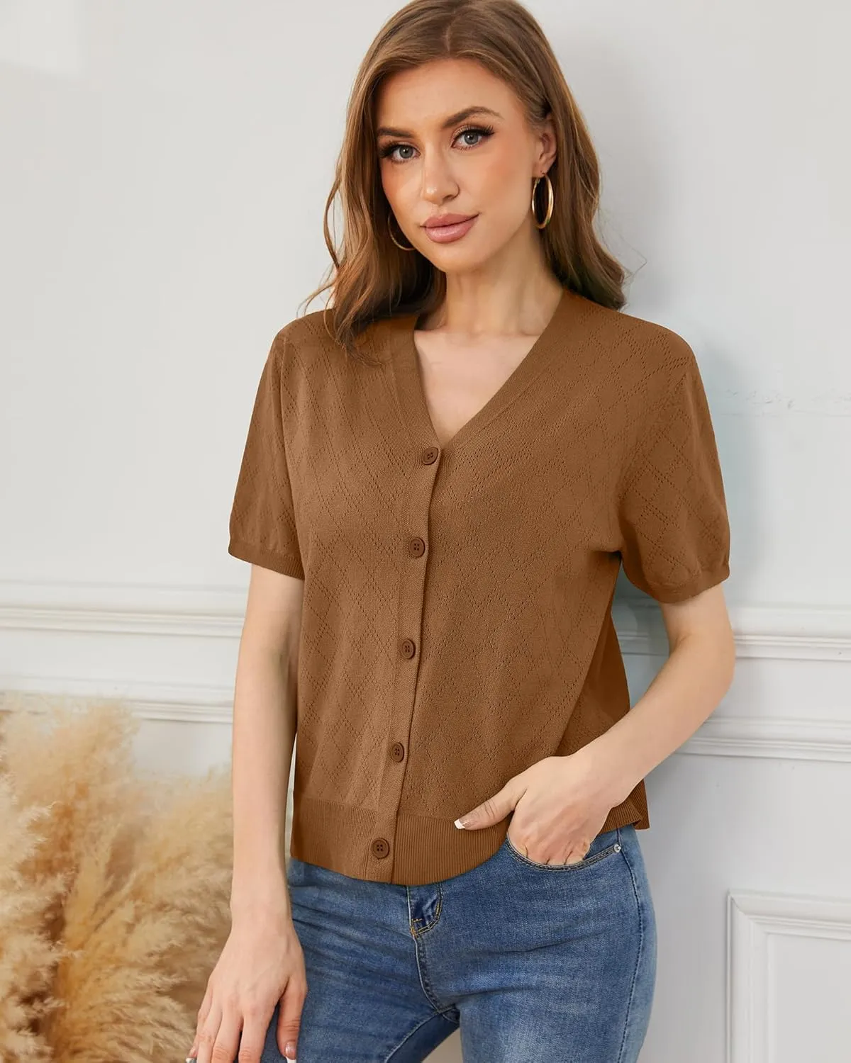 VIISHOW Short Sleeve Lightweight Summer Cardigan for Women, Button Down Open Front V Neck Crochet Knit Cropped Bolero Shrugs