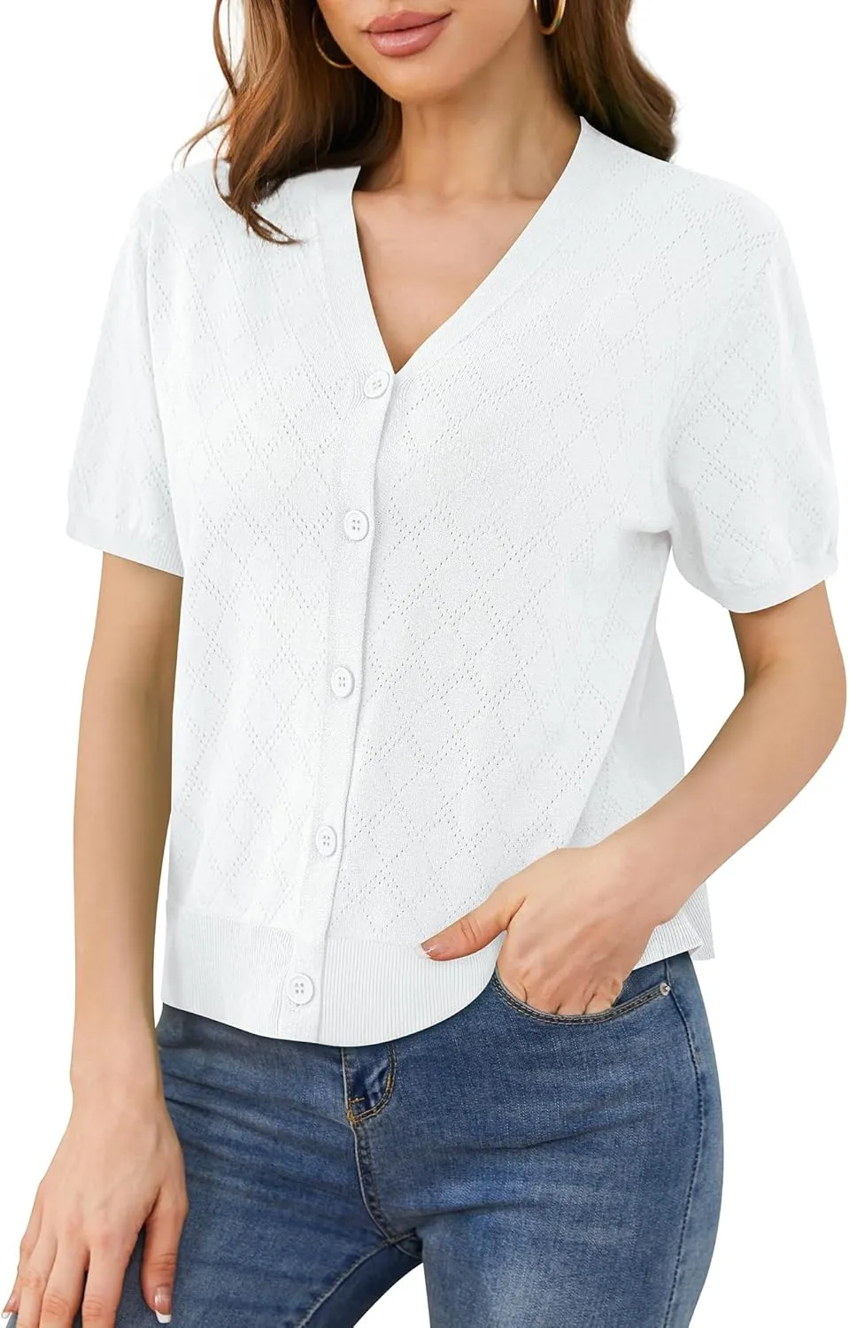 VIISHOW Short Sleeve Lightweight Summer Cardigan for Women, Button Down Open Front V Neck Crochet Knit Cropped Bolero Shrugs