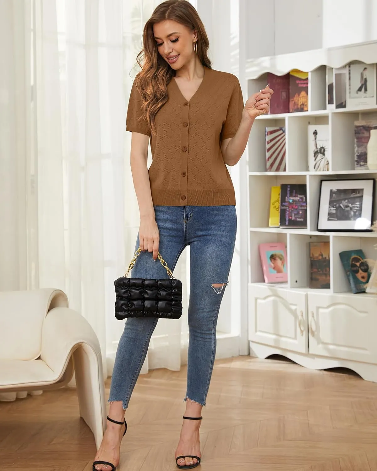 VIISHOW Short Sleeve Lightweight Summer Cardigan for Women, Button Down Open Front V Neck Crochet Knit Cropped Bolero Shrugs