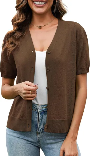 VIISHOW Short Sleeve Lightweight Summer Cardigan for Women, Button Down Open Front V Neck Crochet Knit Cropped Bolero Shrugs