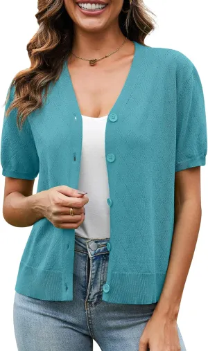 VIISHOW Short Sleeve Lightweight Summer Cardigan for Women, Button Down Open Front V Neck Crochet Knit Cropped Bolero Shrugs