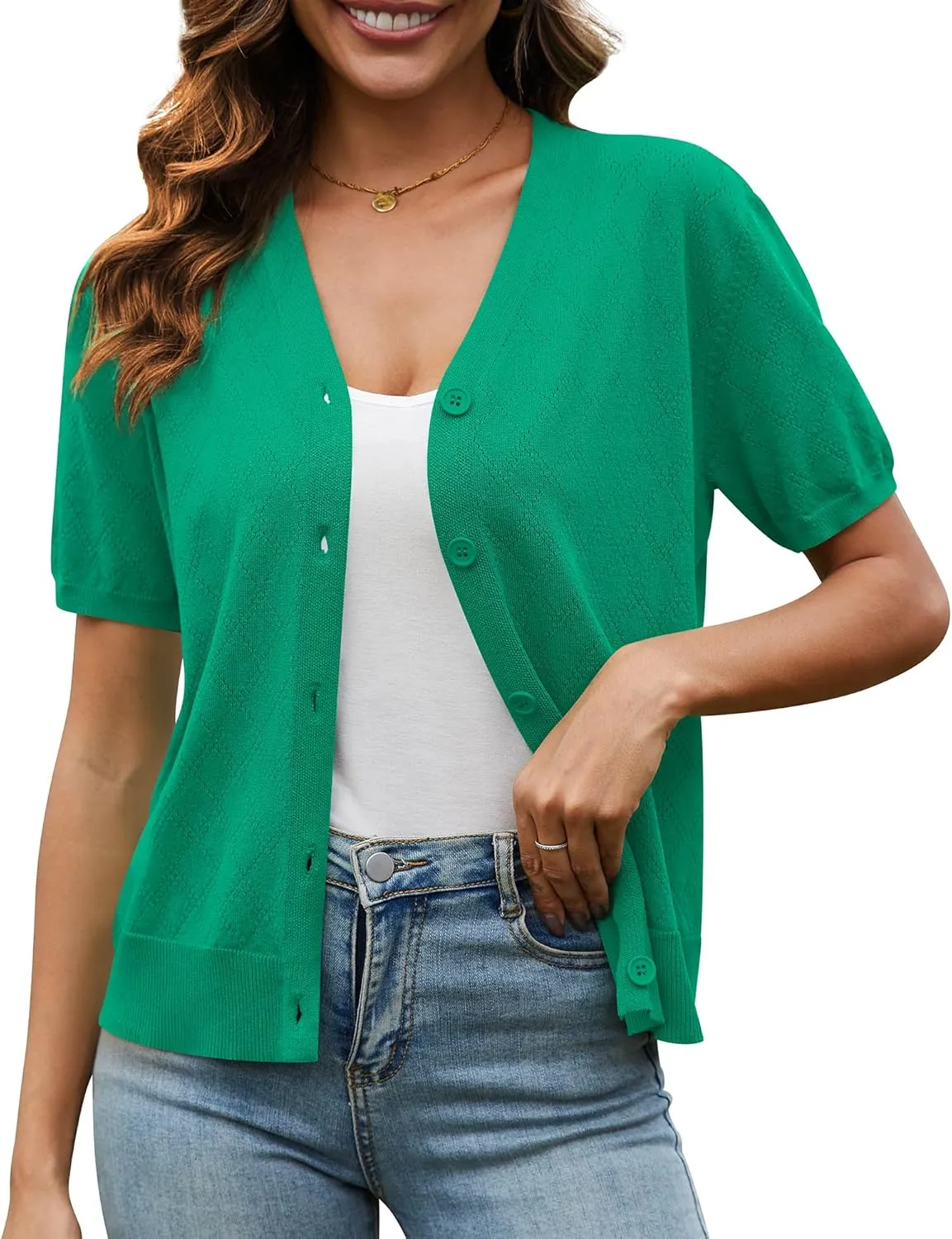 VIISHOW Short Sleeve Lightweight Summer Cardigan for Women, Button Down Open Front V Neck Crochet Knit Cropped Bolero Shrugs