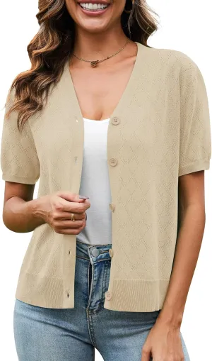 VIISHOW Short Sleeve Lightweight Summer Cardigan for Women, Button Down Open Front V Neck Crochet Knit Cropped Bolero Shrugs