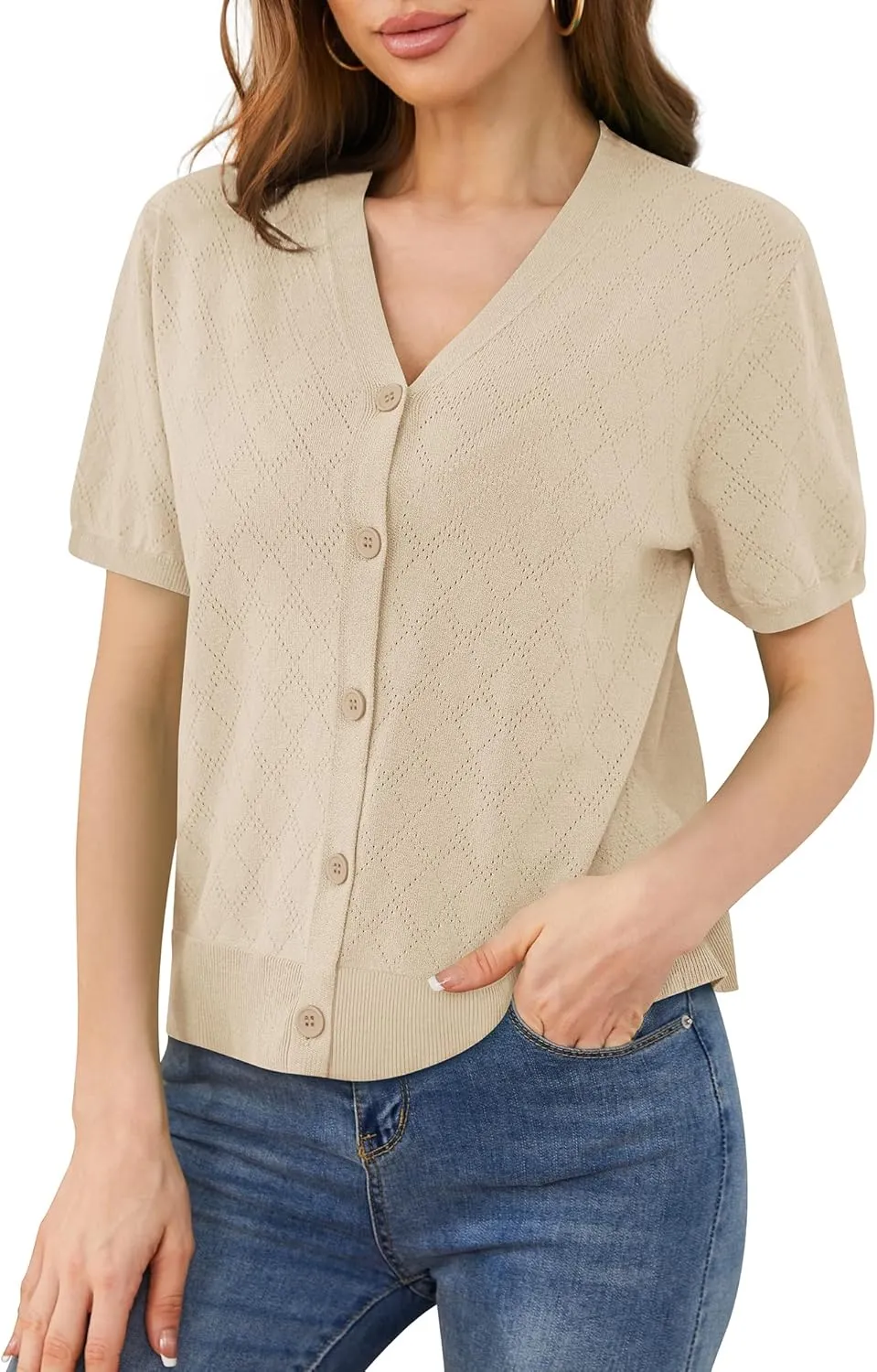 VIISHOW Short Sleeve Lightweight Summer Cardigan for Women, Button Down Open Front V Neck Crochet Knit Cropped Bolero Shrugs