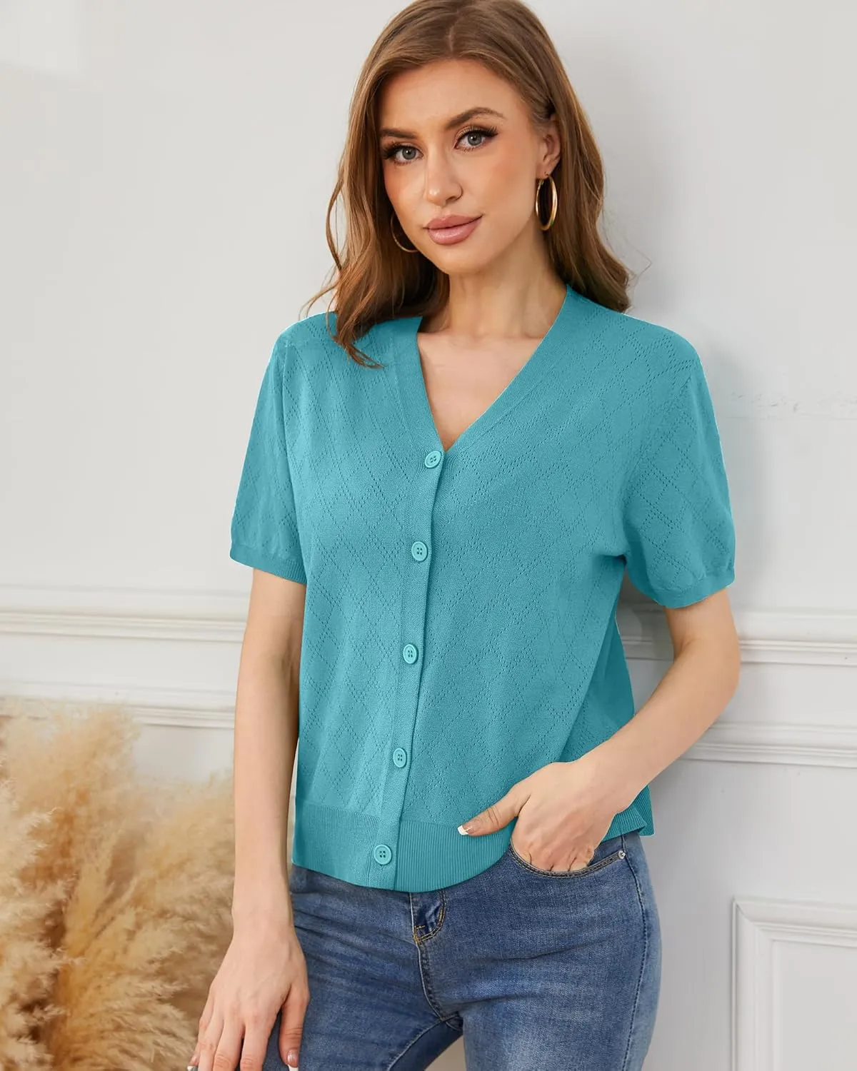VIISHOW Short Sleeve Lightweight Summer Cardigan for Women, Button Down Open Front V Neck Crochet Knit Cropped Bolero Shrugs