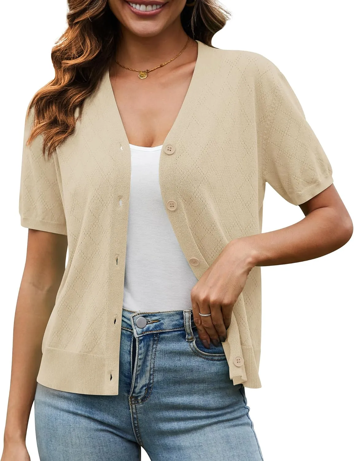 VIISHOW Short Sleeve Lightweight Summer Cardigan for Women, Button Down Open Front V Neck Crochet Knit Cropped Bolero Shrugs