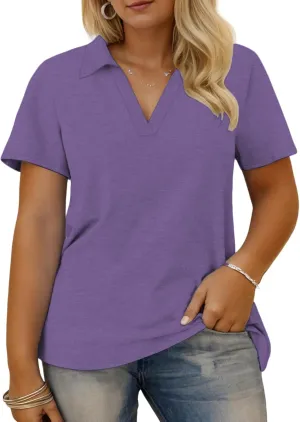 VISLILY Plus-Size-Summer-Tops for Women Collared V Neck Polo Shirts Flowy Tunics Trendy Short Sleeve Blouses 1X-5X