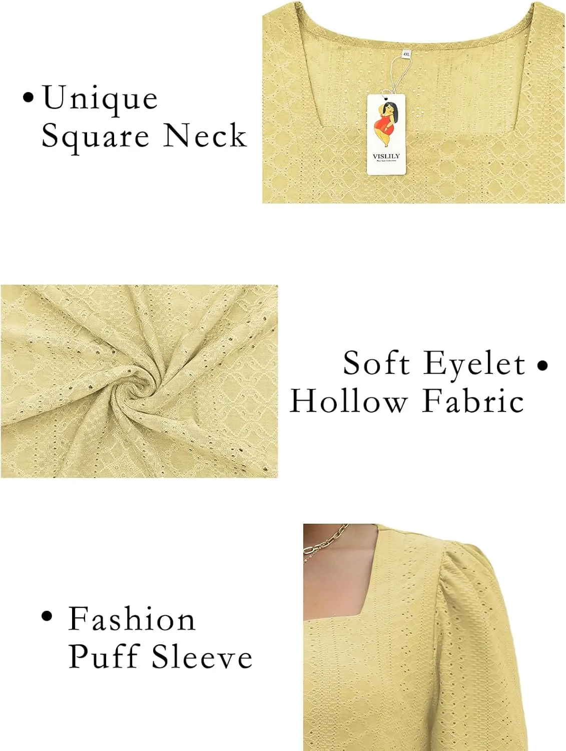 VISLILY Womens-Plus-Size-Summer-Tops Square Neck T Shirts Puff Short Sleeve Blouses Eyelet Tunics XL-5XL