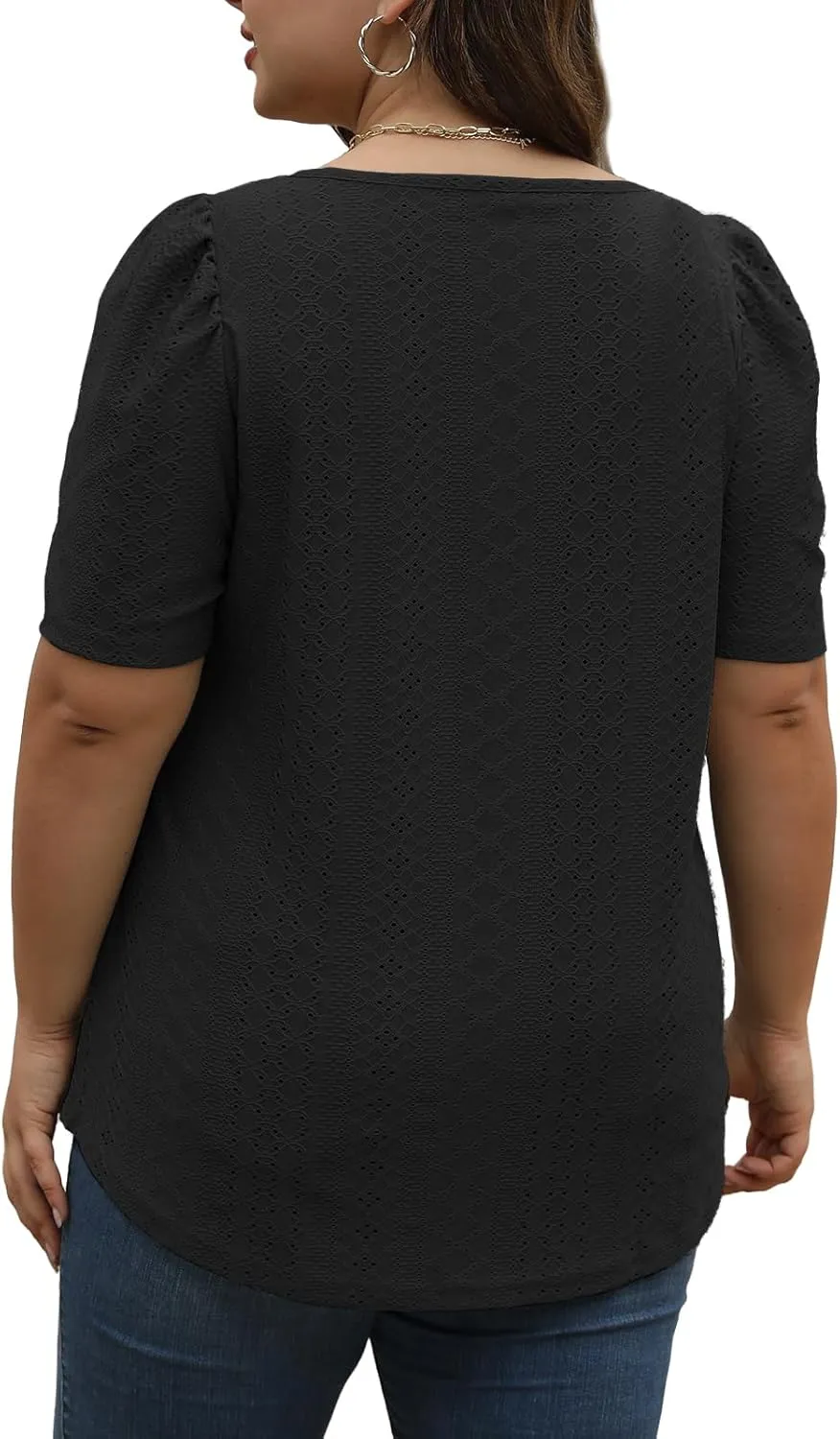 VISLILY Womens-Plus-Size-Summer-Tops Square Neck T Shirts Puff Short Sleeve Blouses Eyelet Tunics XL-5XL