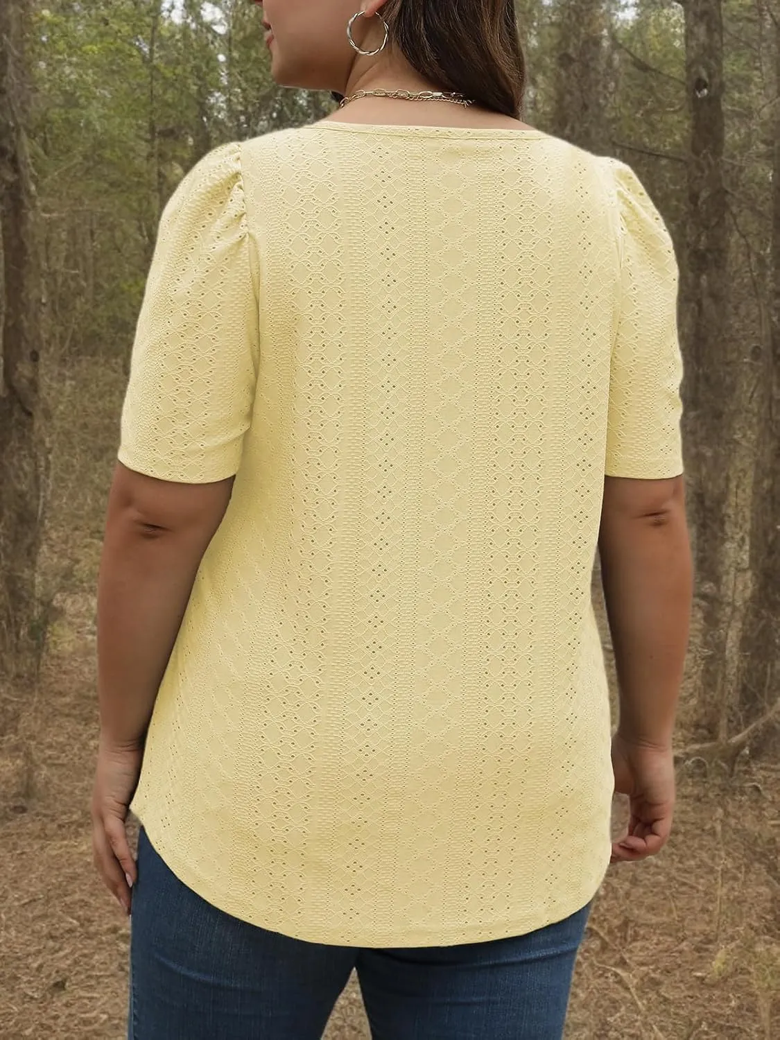 VISLILY Womens-Plus-Size-Summer-Tops Square Neck T Shirts Puff Short Sleeve Blouses Eyelet Tunics XL-5XL