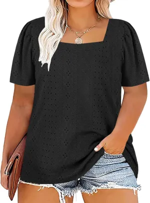 VISLILY Womens-Plus-Size-Summer-Tops Square Neck T Shirts Puff Short Sleeve Blouses Eyelet Tunics XL-5XL