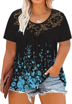 VISLILY Women's-Plus-Size-Tops Summer Lace Tee Shirts Short Sleeve Tunics Flowy Pleated Blouses XL-4XL