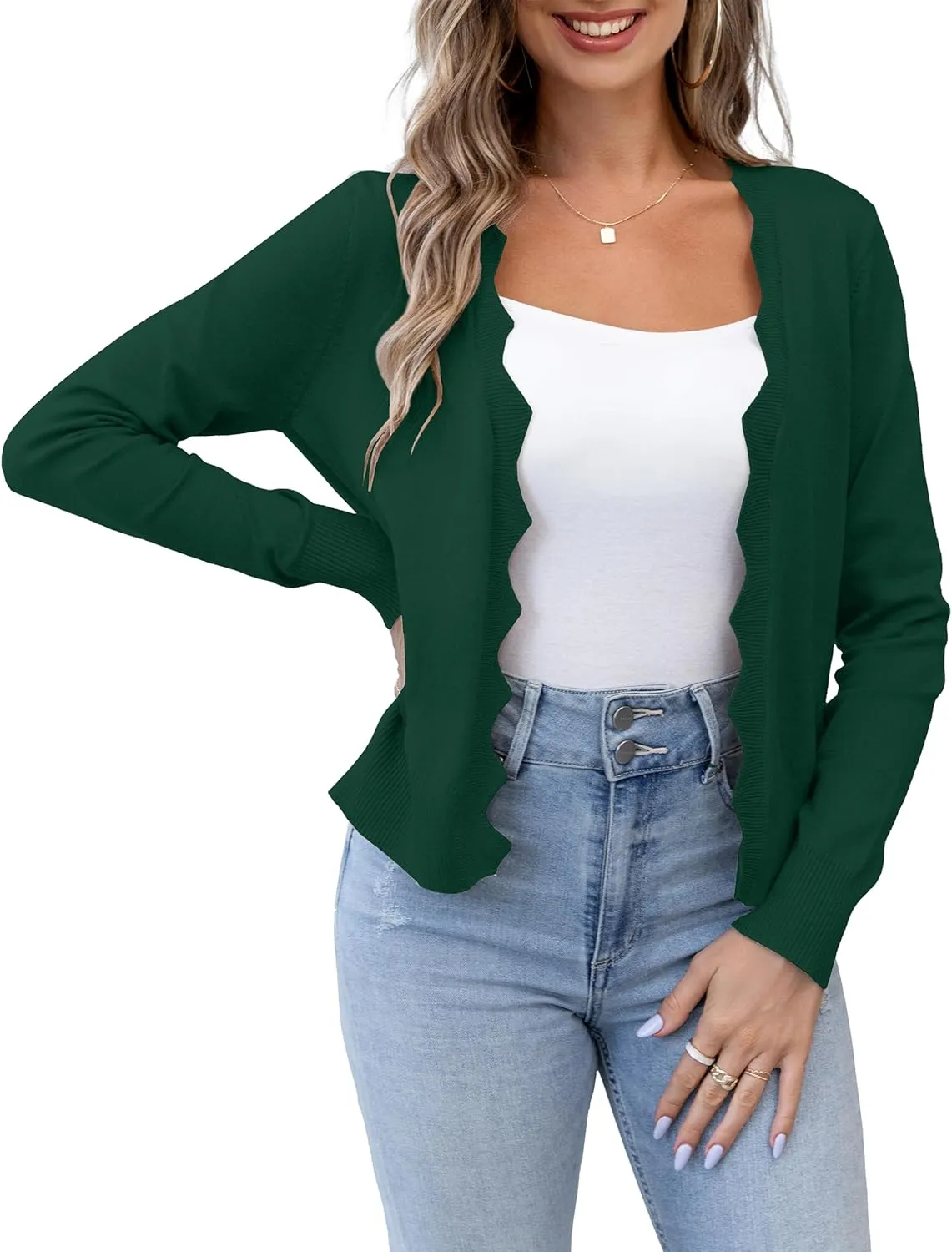 VOIANLIMO Womens Casual Long Sleeve Sweaters Knit Open Front Cropped Bolero Short Cardigan