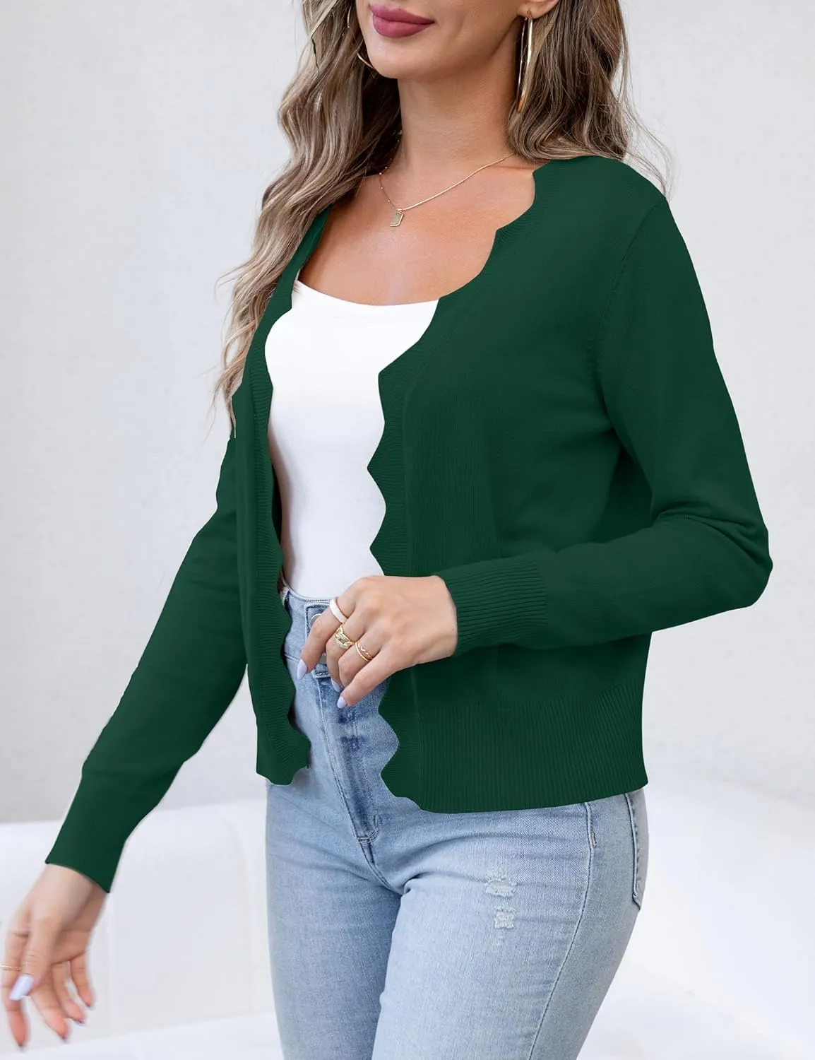 VOIANLIMO Womens Casual Long Sleeve Sweaters Knit Open Front Cropped Bolero Short Cardigan