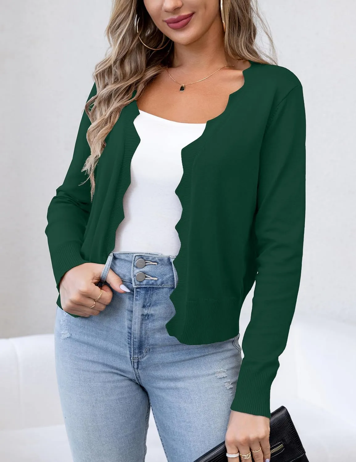 VOIANLIMO Womens Casual Long Sleeve Sweaters Knit Open Front Cropped Bolero Short Cardigan