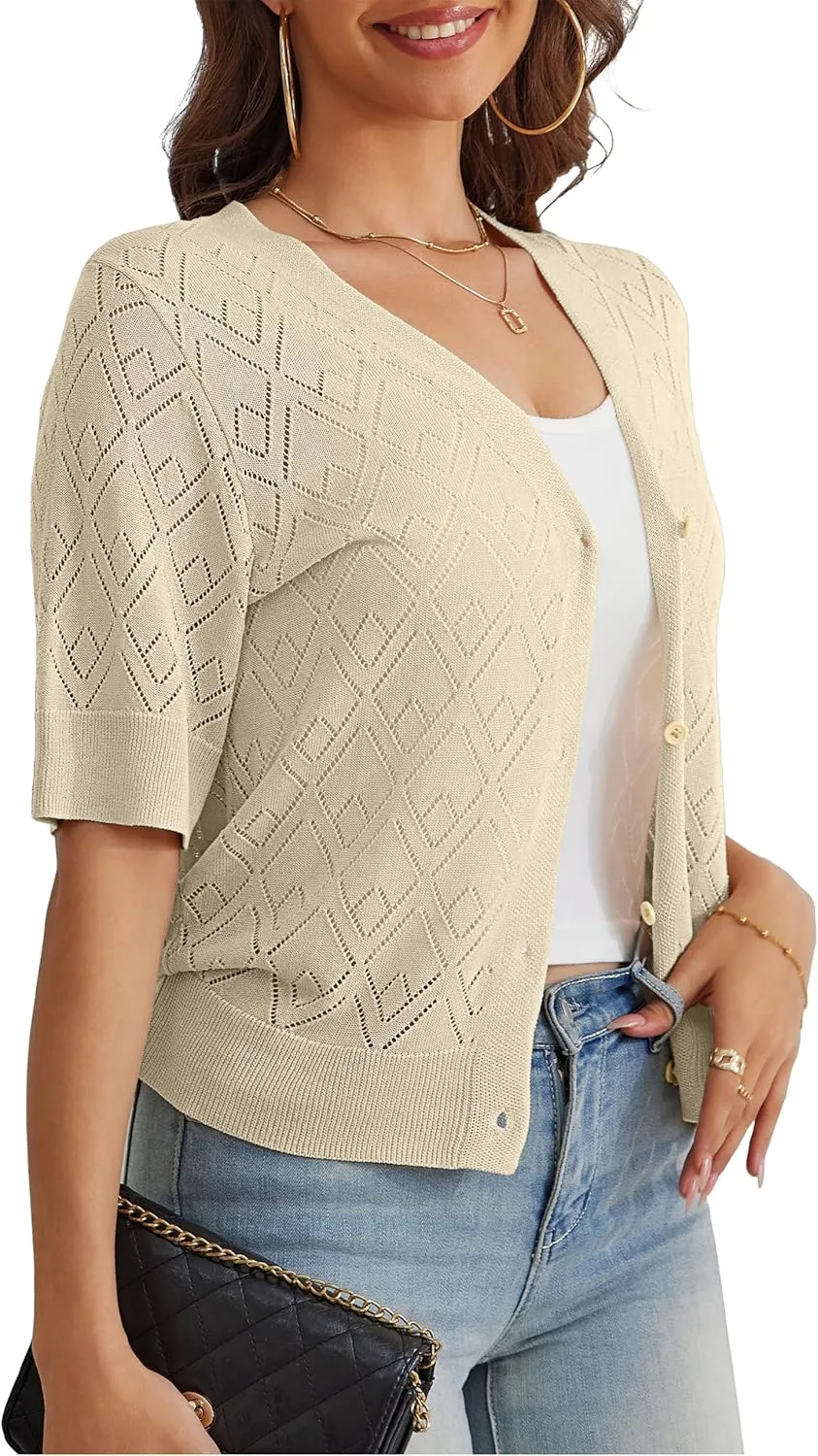 VOIANLIMO Women's Sweater Cropped Knit Long Sleeve Cardigan Lightweight Bolero Short Shrugs V-Neck Button up Tops