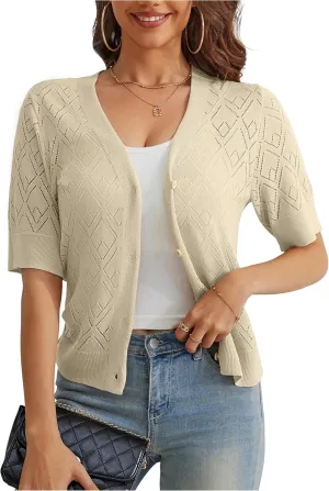 VOIANLIMO Women's Sweater Cropped Knit Long Sleeve Cardigan Lightweight Bolero Short Shrugs V-Neck Button up Tops