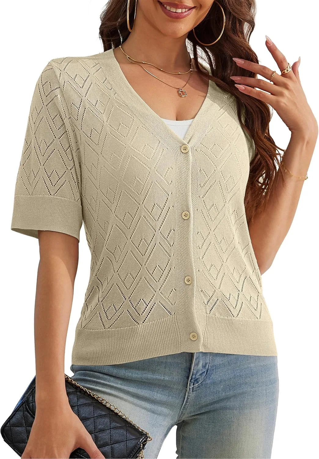 VOIANLIMO Women's Sweater Cropped Knit Long Sleeve Cardigan Lightweight Bolero Short Shrugs V-Neck Button up Tops