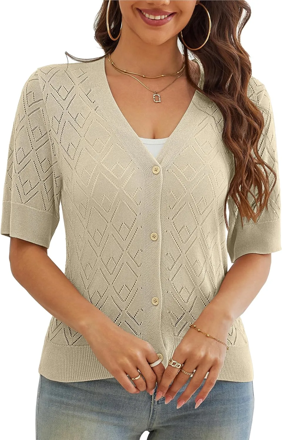 VOIANLIMO Women's Sweater Cropped Knit Long Sleeve Cardigan Lightweight Bolero Short Shrugs V-Neck Button up Tops