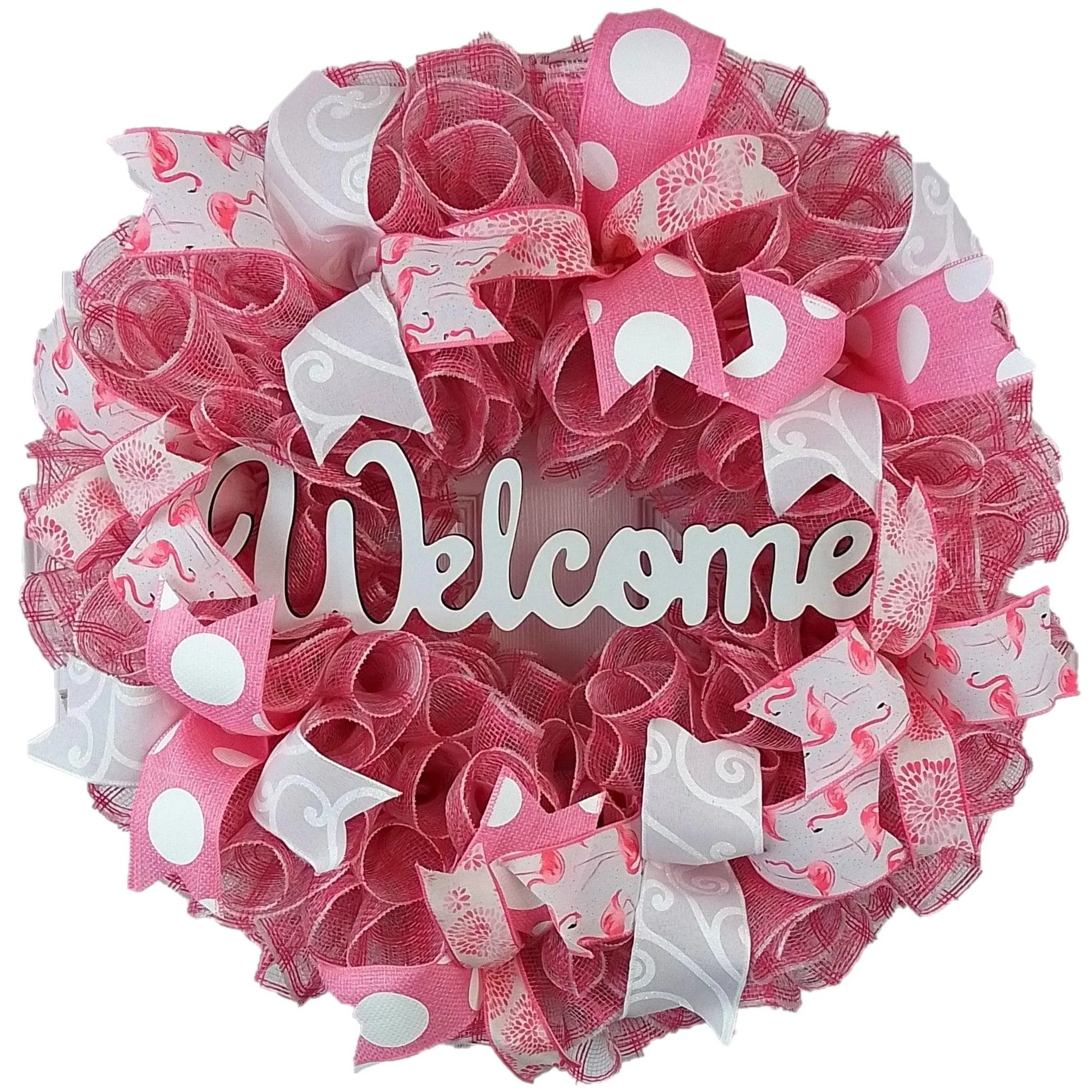 Welcome Flamingo Wreath - Summer Spring Front Door Decor - Beach Decoration - Pink White