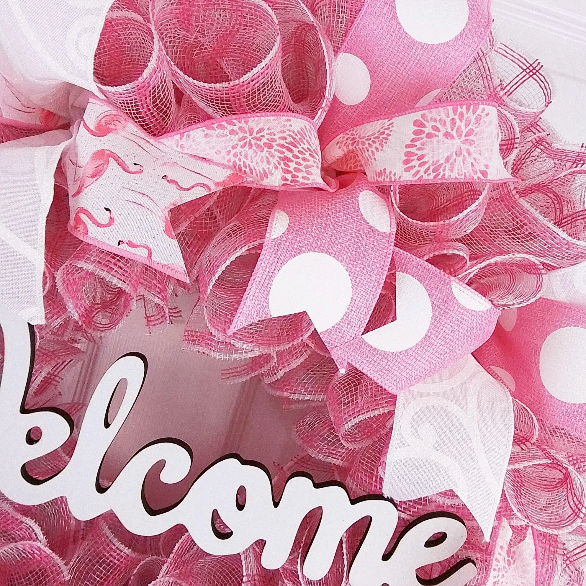 Welcome Flamingo Wreath - Summer Spring Front Door Decor - Beach Decoration - Pink White