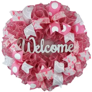 Welcome Flamingo Wreath - Summer Spring Front Door Decor - Beach Decoration - Pink White