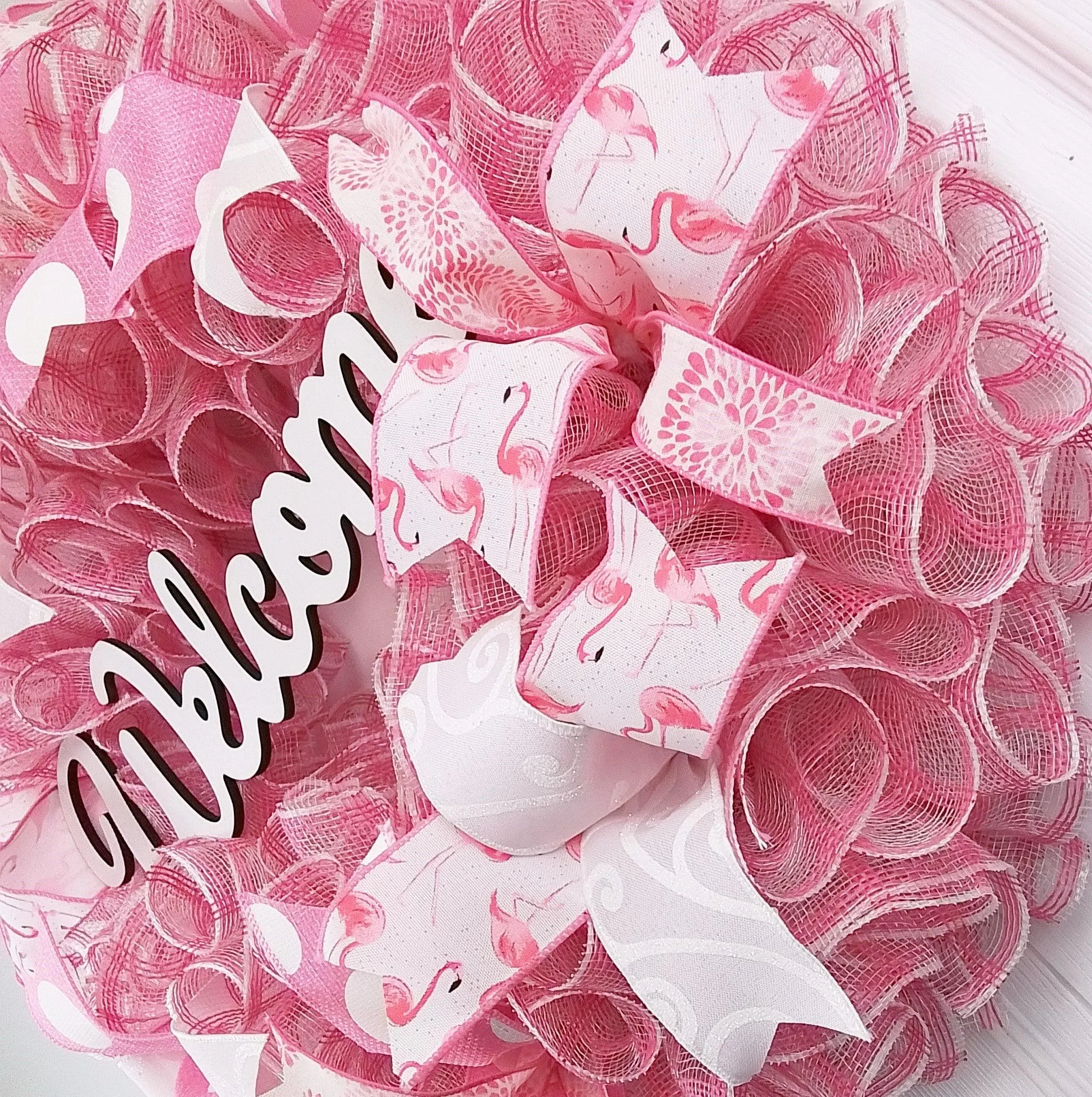 Welcome Flamingo Wreath - Summer Spring Front Door Decor - Beach Decoration - Pink White