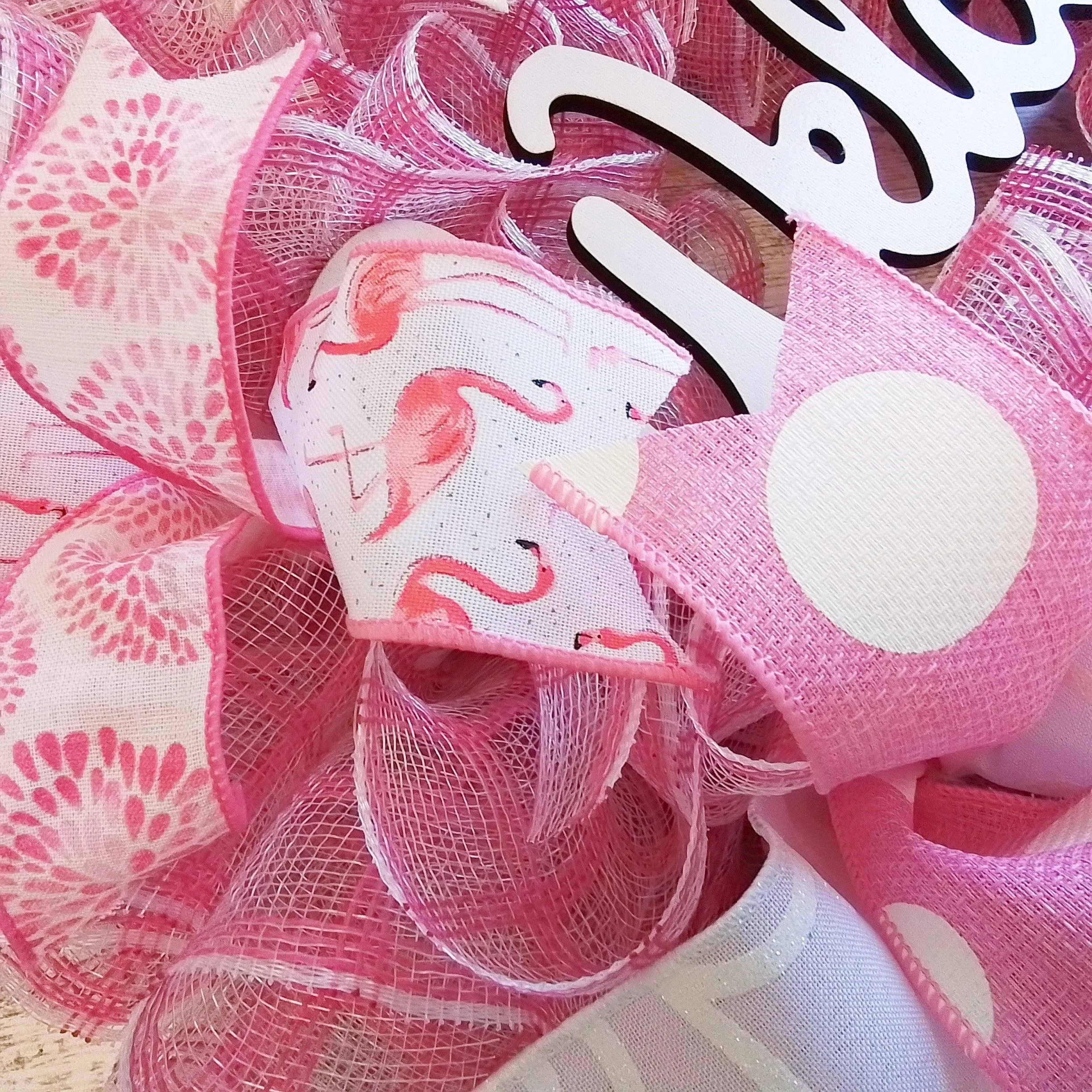 Welcome Flamingo Wreath - Summer Spring Front Door Decor - Beach Decoration - Pink White