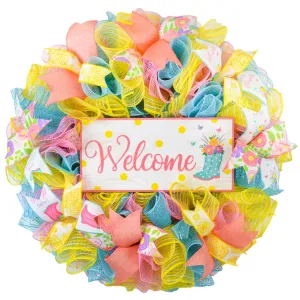 Welcome Rainboot Wreath - Spring Door Wreaths - Turquoise Yellow Coral | Gift for Mom's Birthday