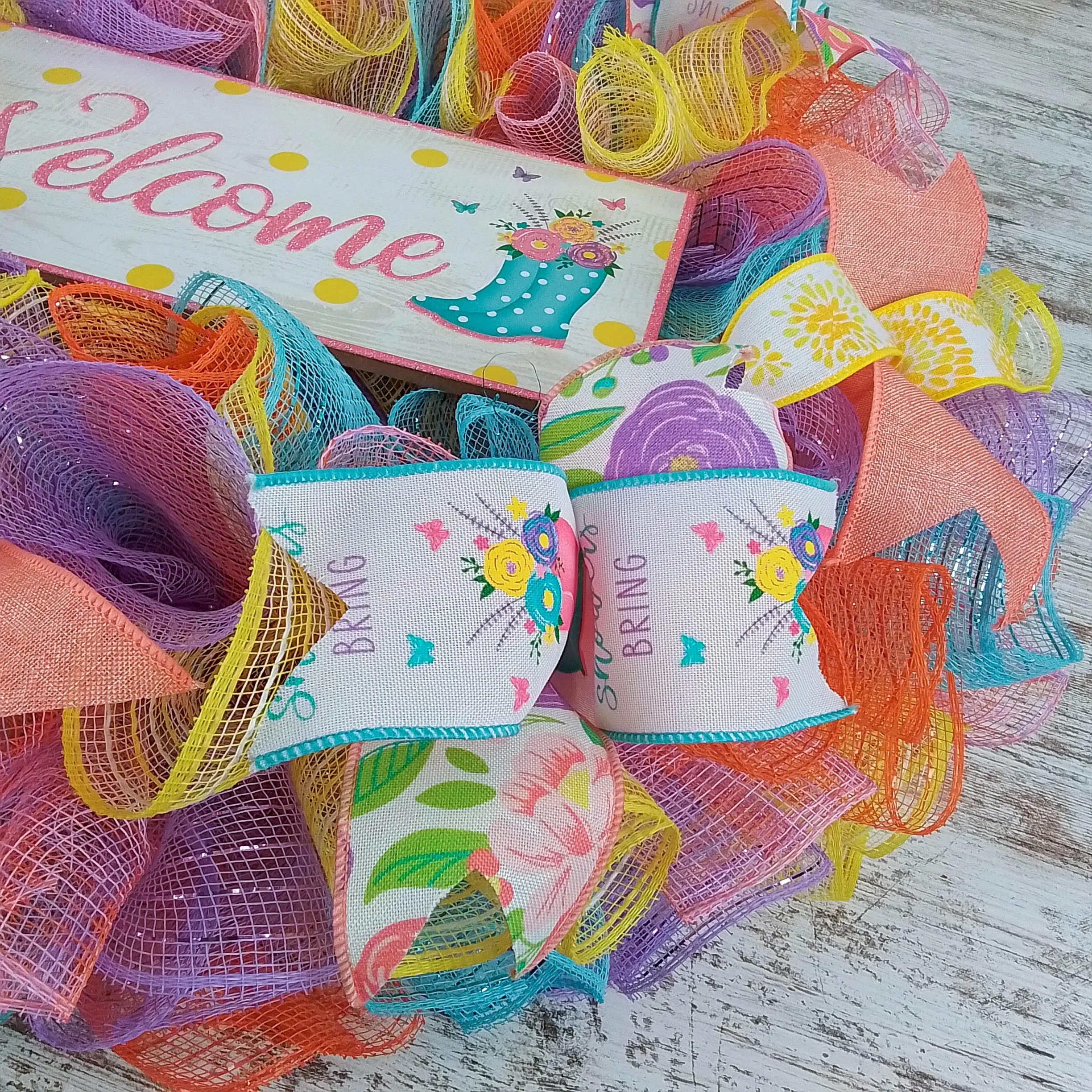 Welcome Rainboot Wreath - Spring Door Wreaths - Turquoise Yellow Coral | Gift for Mom's Birthday