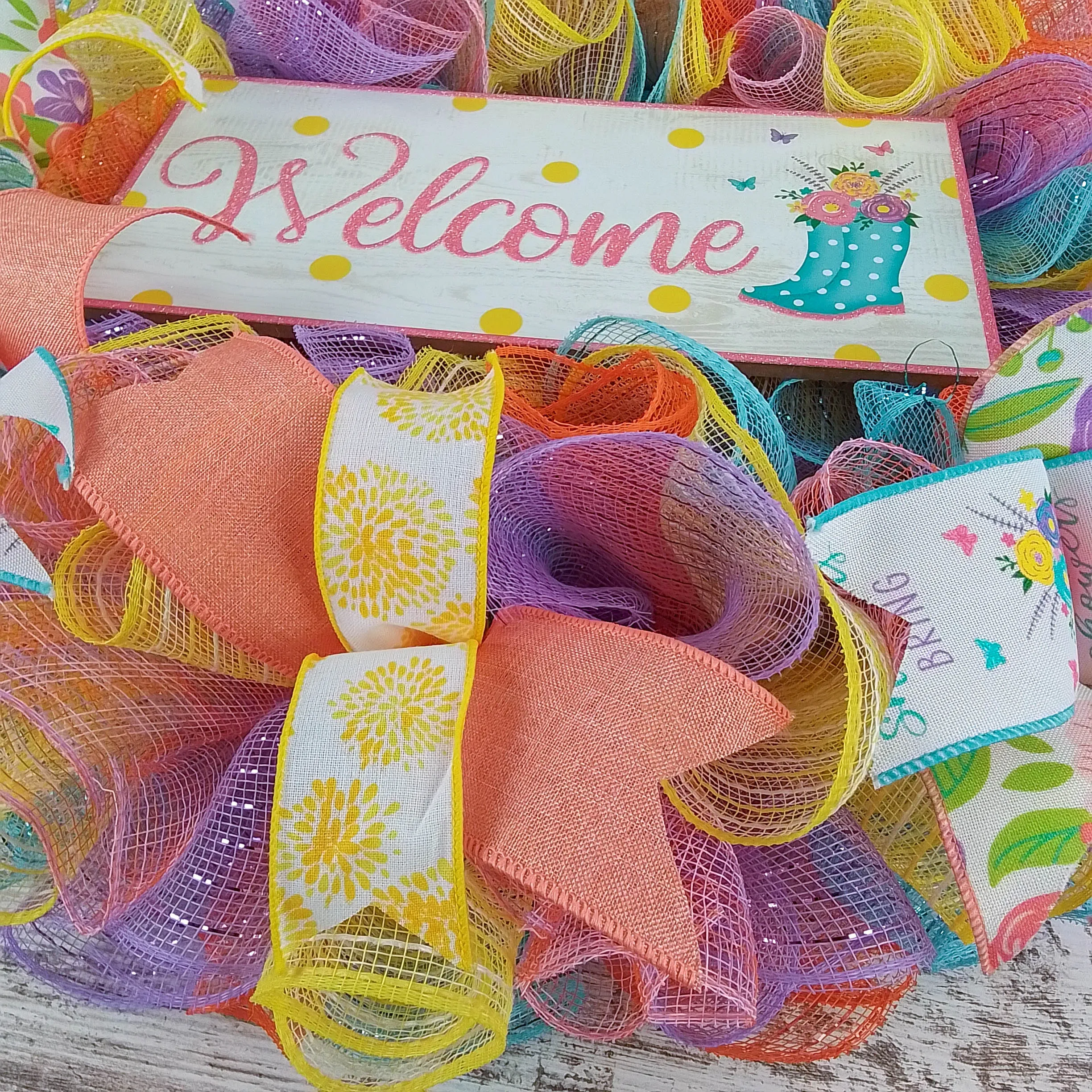 Welcome Rainboot Wreath - Spring Door Wreaths - Turquoise Yellow Coral | Gift for Mom's Birthday