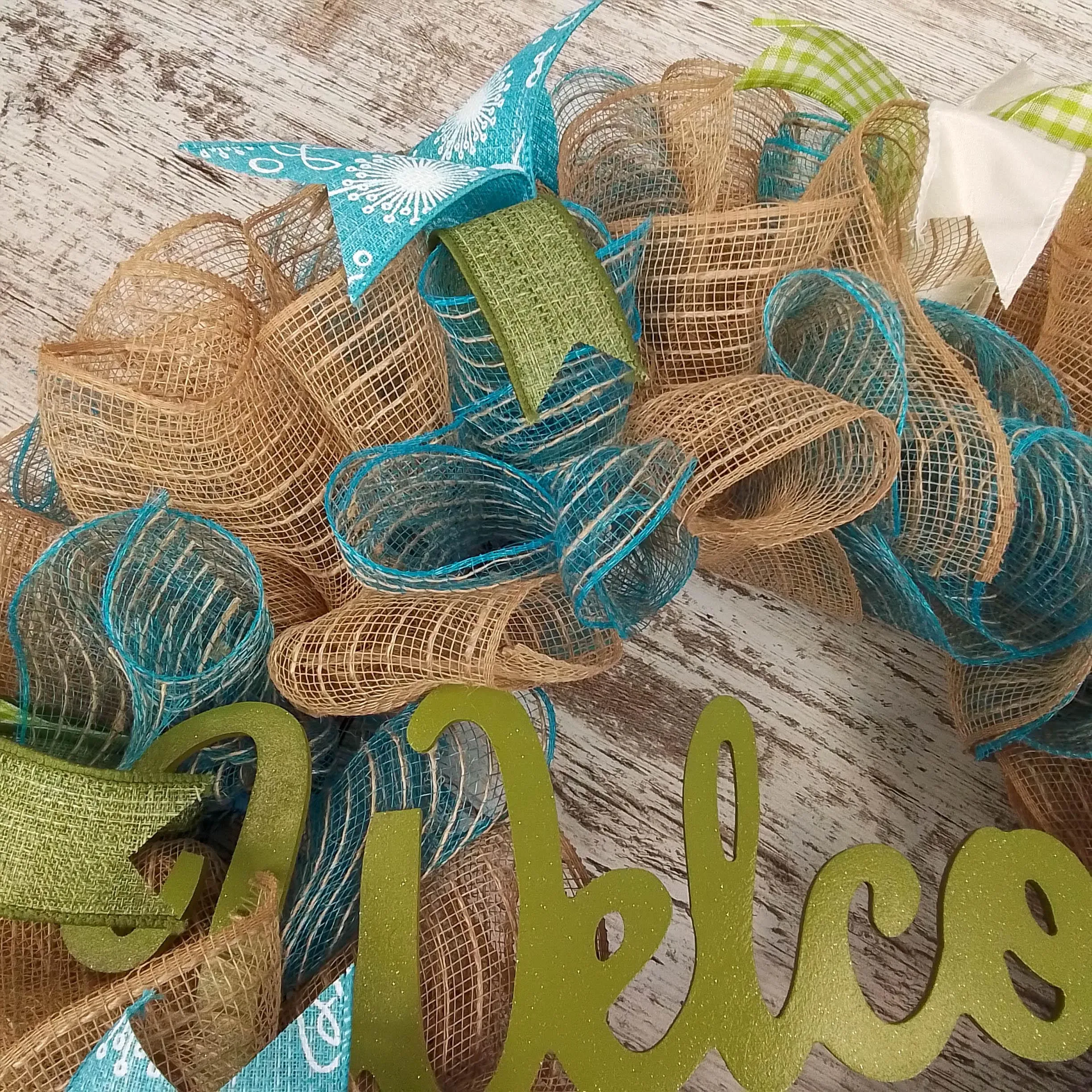Welcome Spring Deco Mesh Door Wreath; Turquoise Moss Green Ivory Burlap