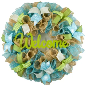 Welcome Spring Deco Mesh Door Wreath; Turquoise Moss Green Ivory Burlap