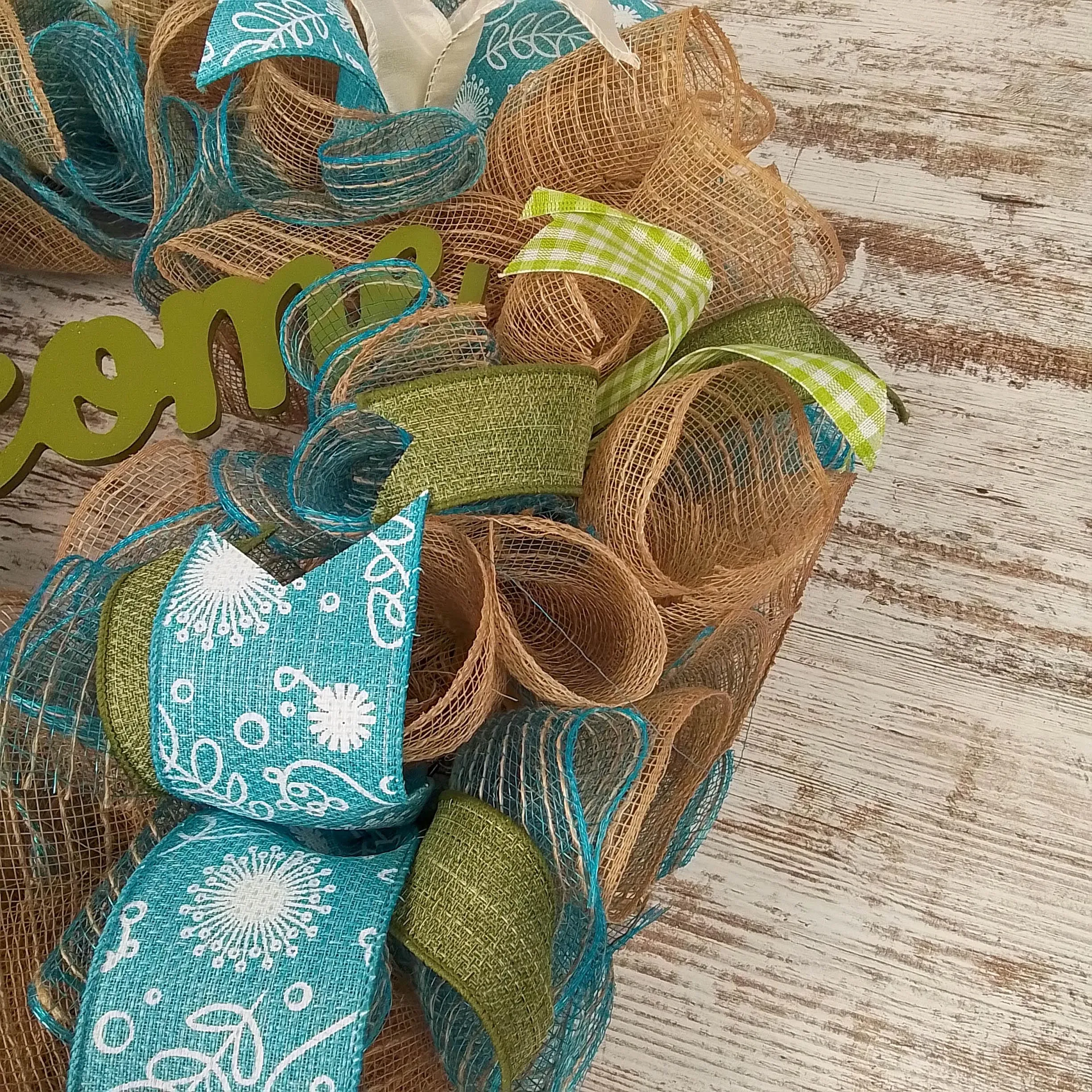 Welcome Spring Deco Mesh Door Wreath; Turquoise Moss Green Ivory Burlap