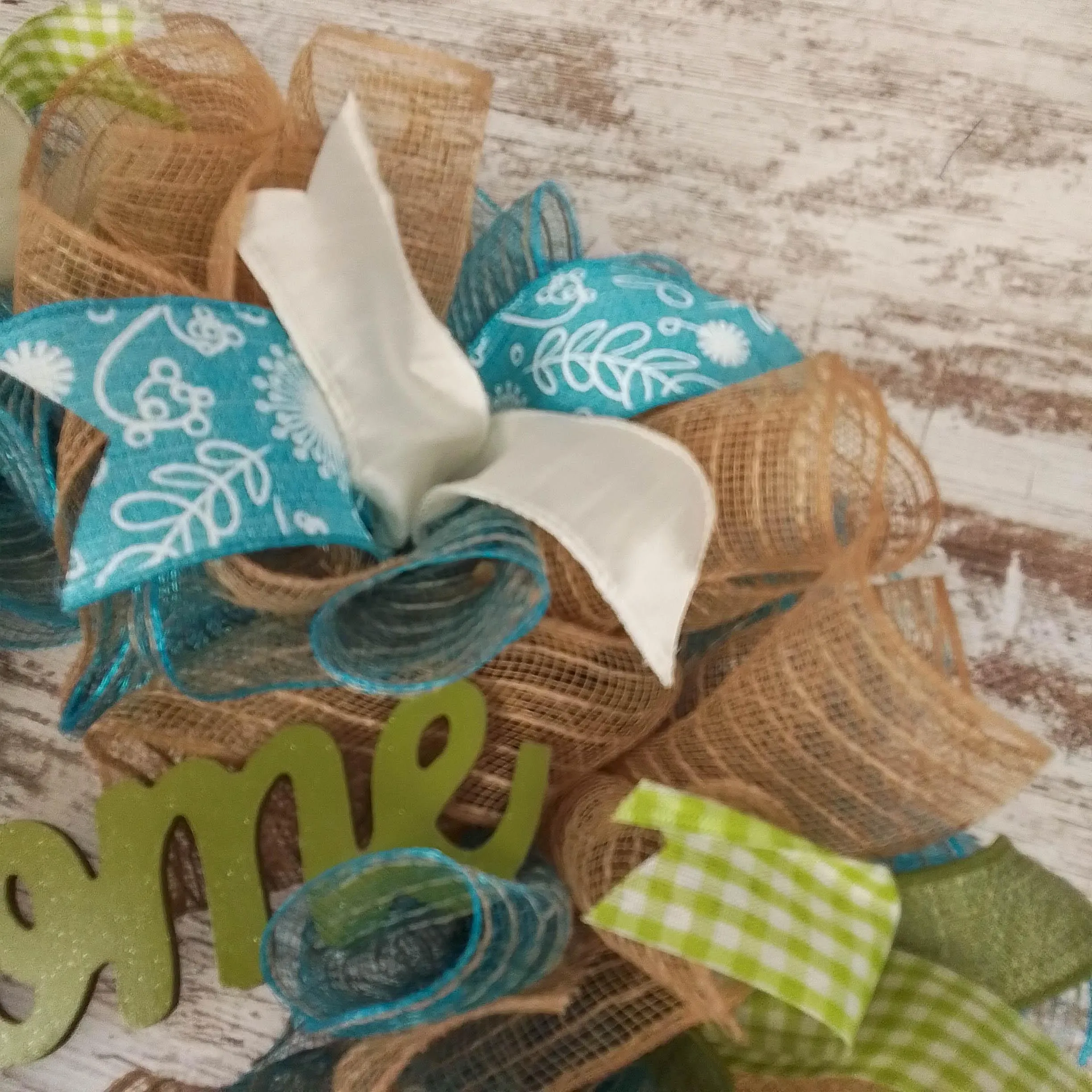 Welcome Spring Deco Mesh Door Wreath; Turquoise Moss Green Ivory Burlap