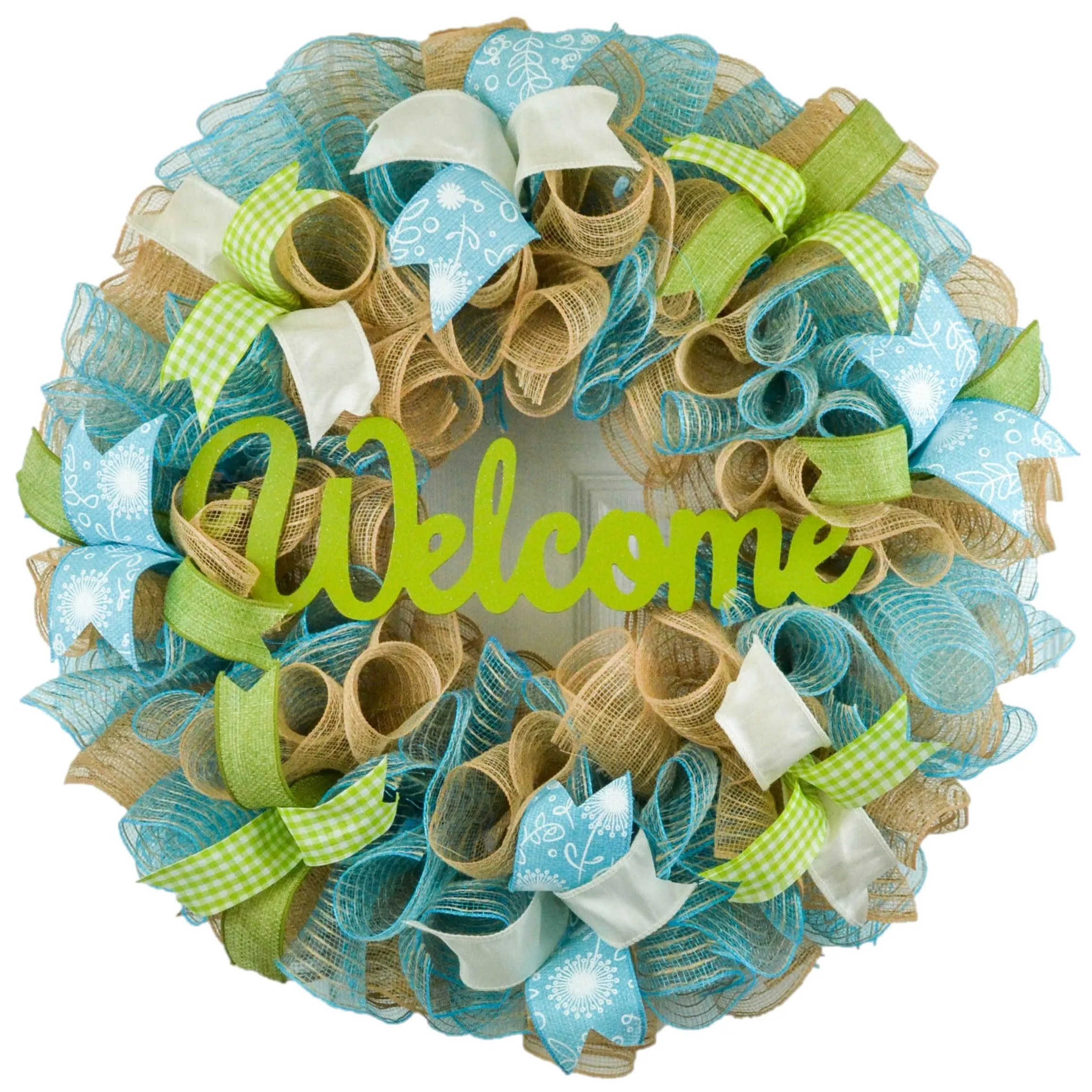 Welcome Spring Deco Mesh Door Wreath; Turquoise Moss Green Ivory Burlap