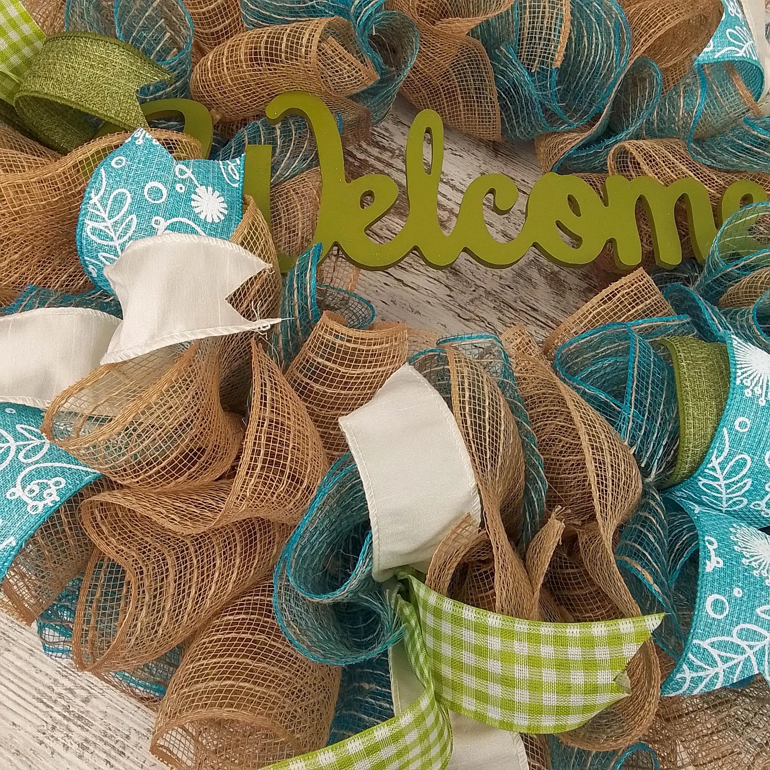 Welcome Spring Deco Mesh Door Wreath; Turquoise Moss Green Ivory Burlap
