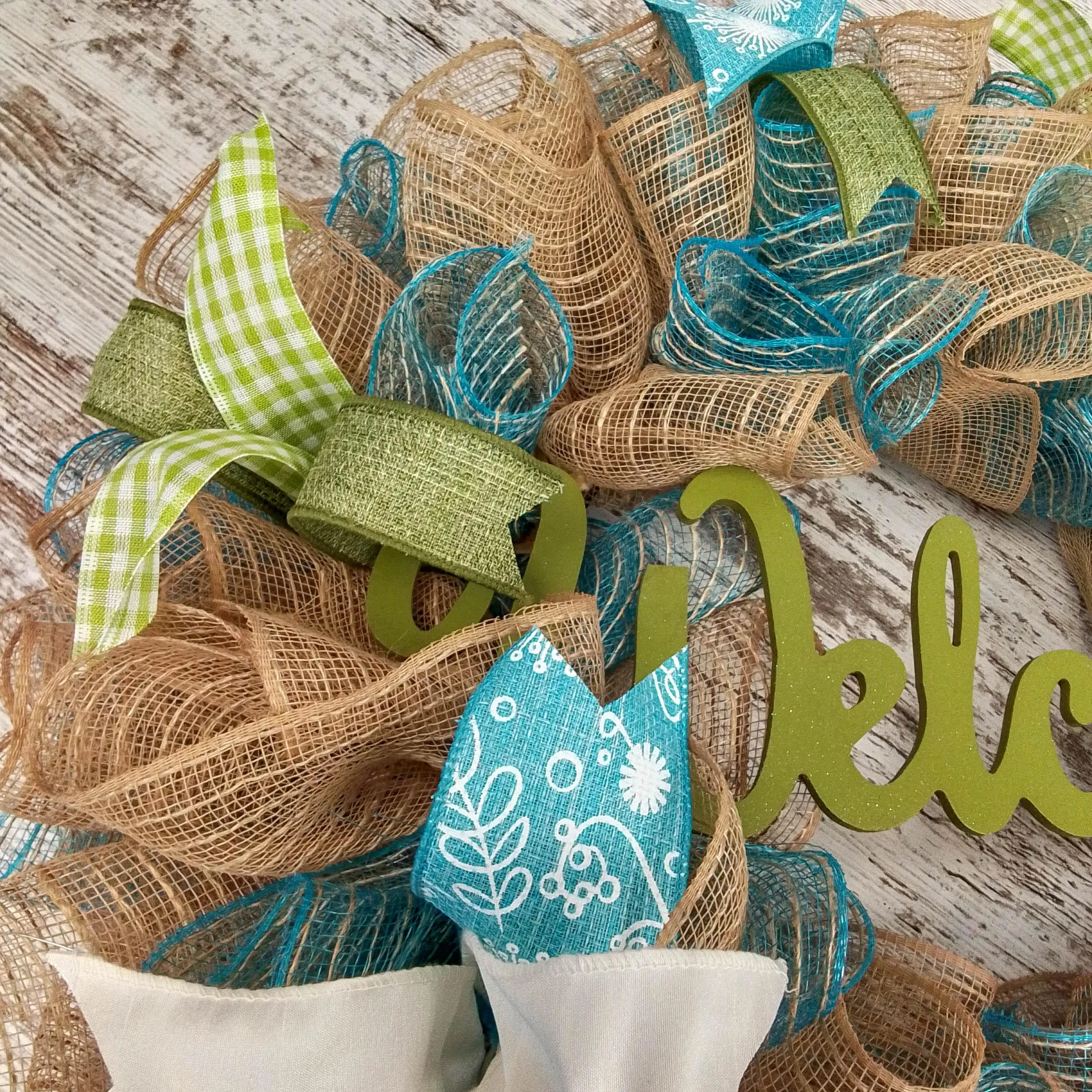Welcome Spring Deco Mesh Door Wreath; Turquoise Moss Green Ivory Burlap