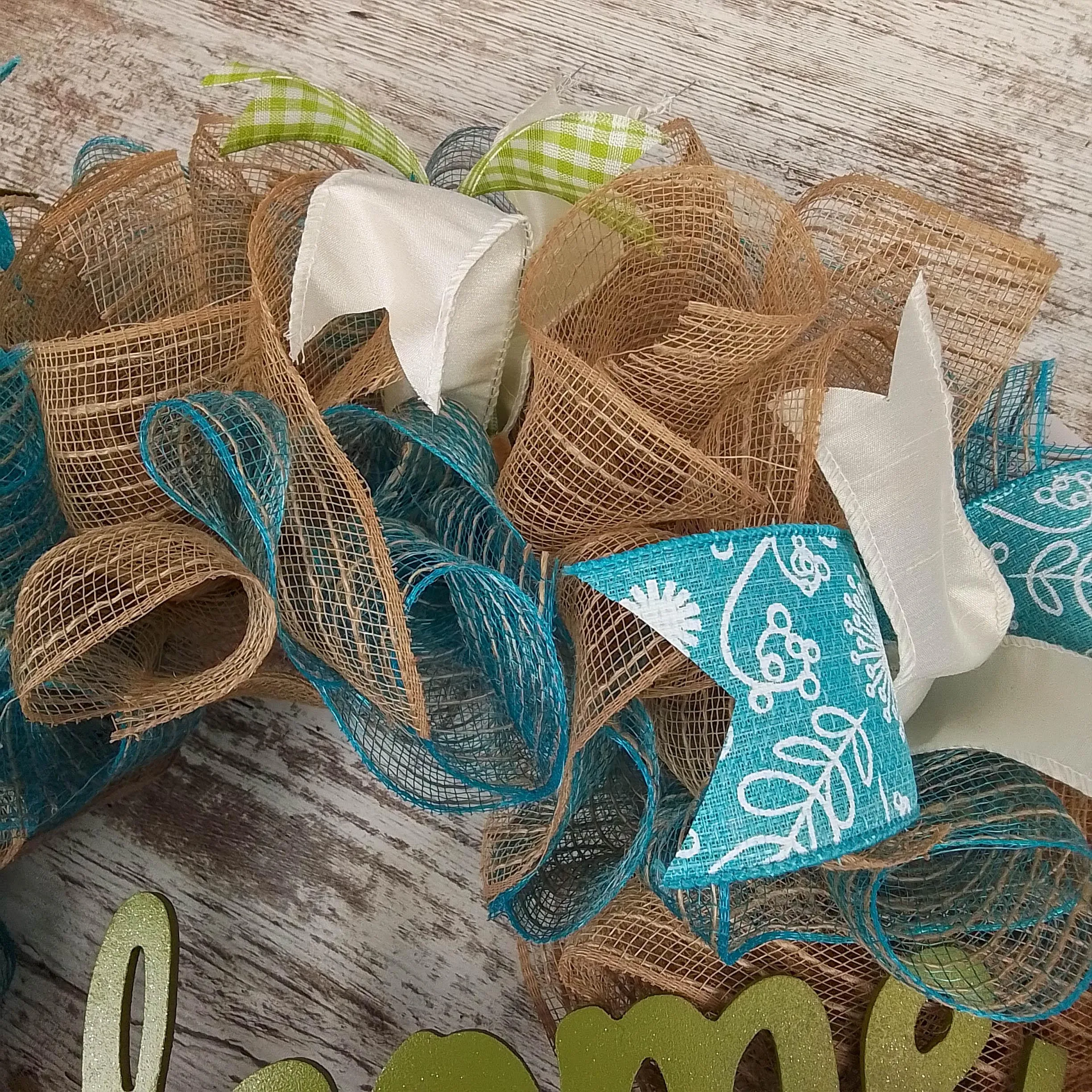 Welcome Spring Deco Mesh Door Wreath; Turquoise Moss Green Ivory Burlap