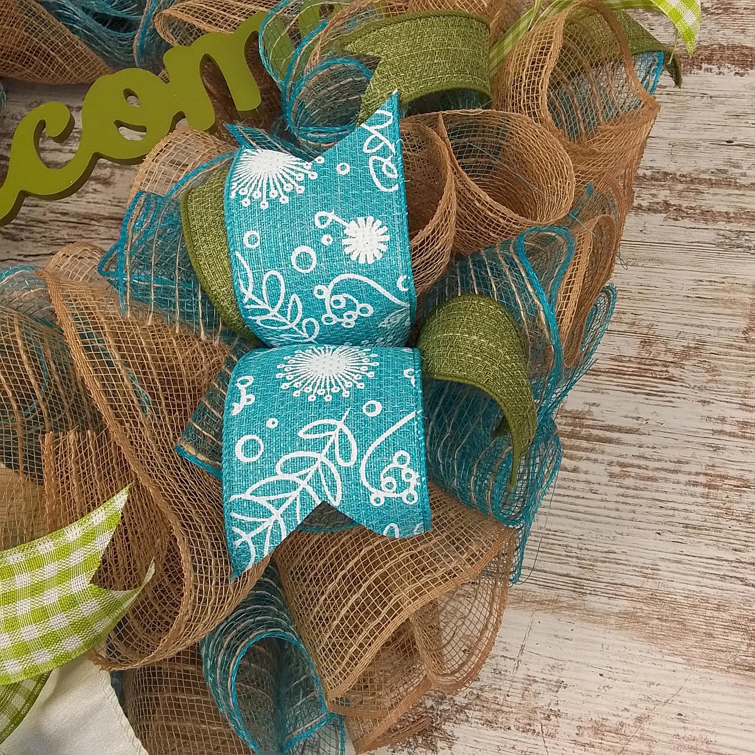 Welcome Spring Deco Mesh Door Wreath; Turquoise Moss Green Ivory Burlap