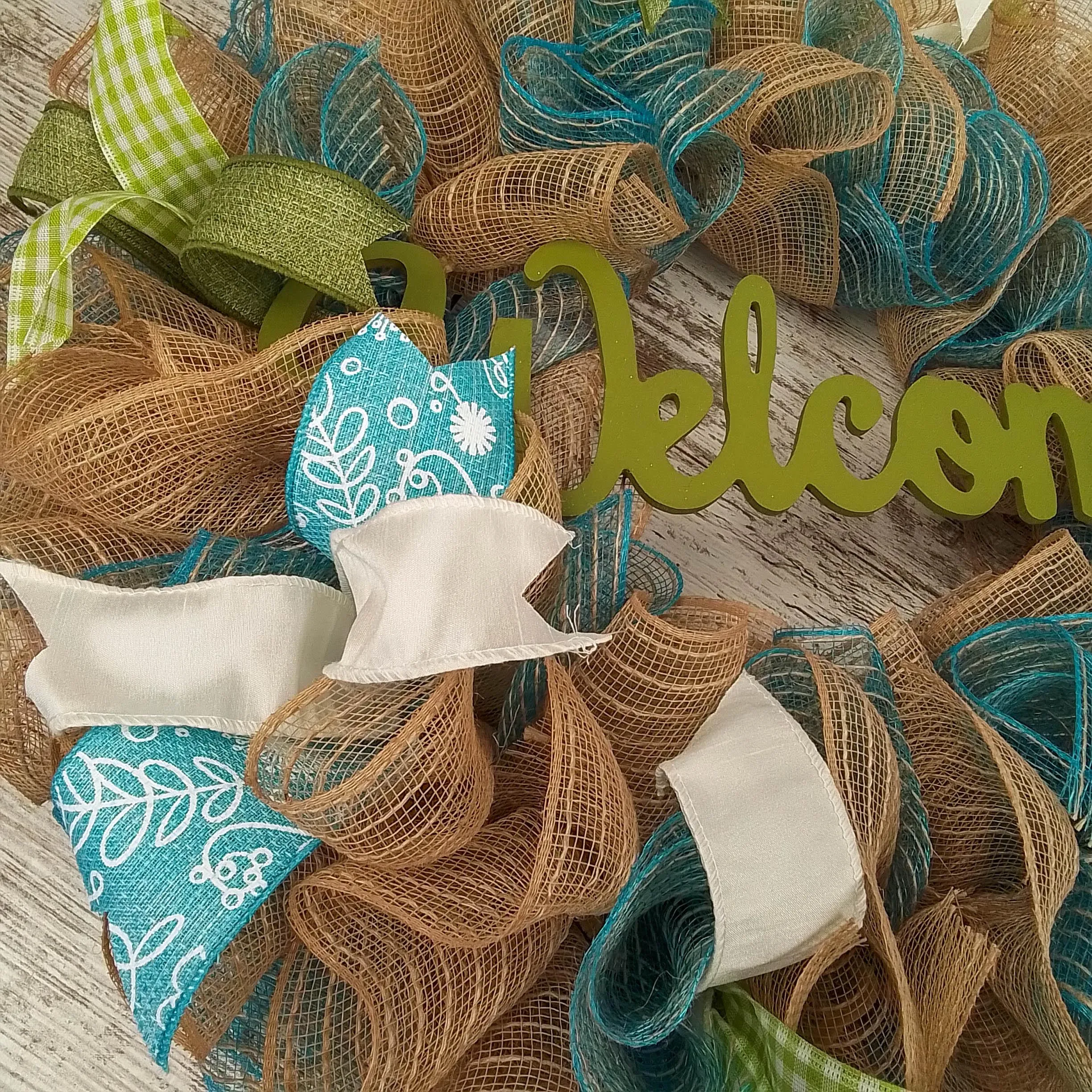 Welcome Spring Deco Mesh Door Wreath; Turquoise Moss Green Ivory Burlap