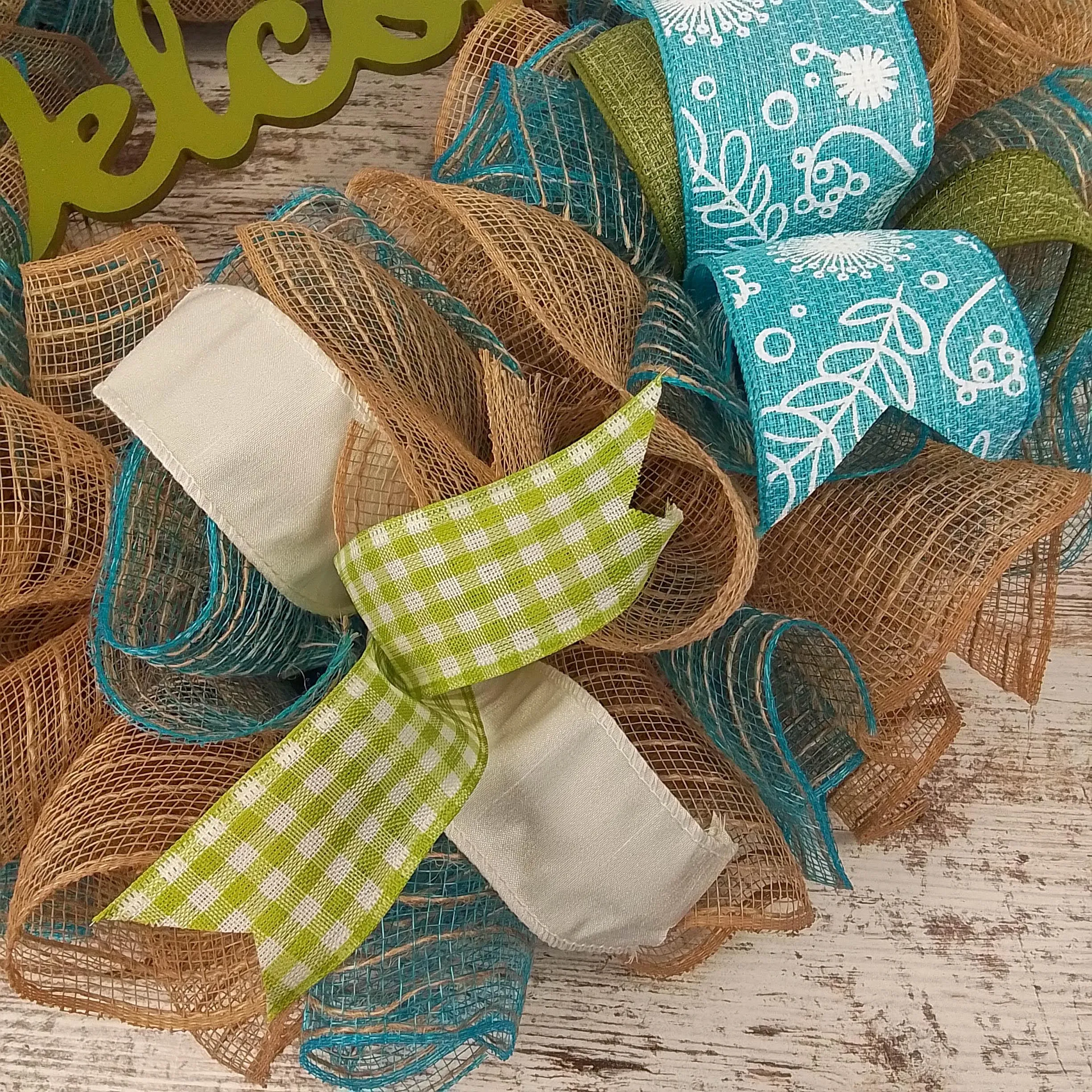 Welcome Spring Deco Mesh Door Wreath; Turquoise Moss Green Ivory Burlap