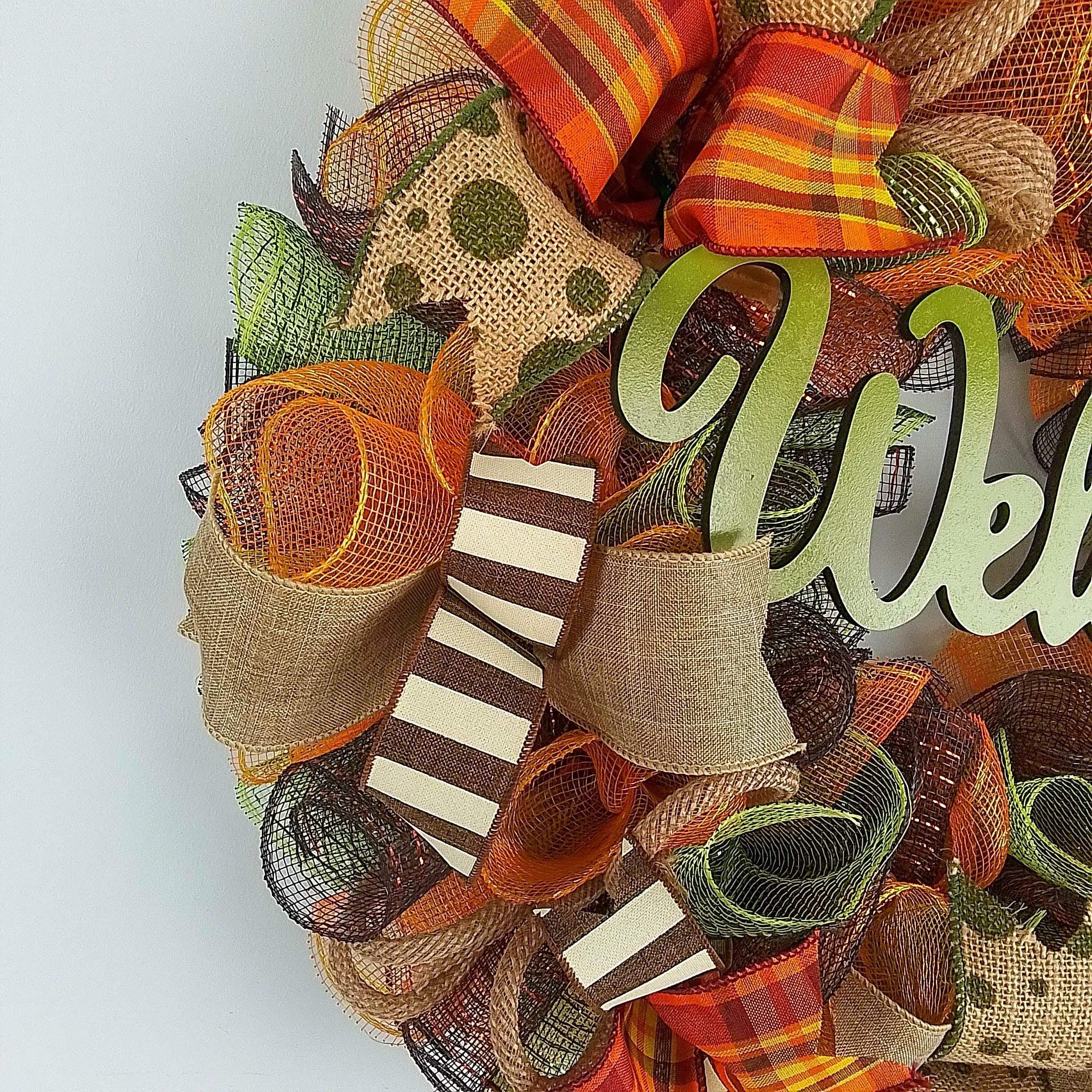 Welcome Wreath for Fall, Green Front Door Wreath for Thanksgiving : F1