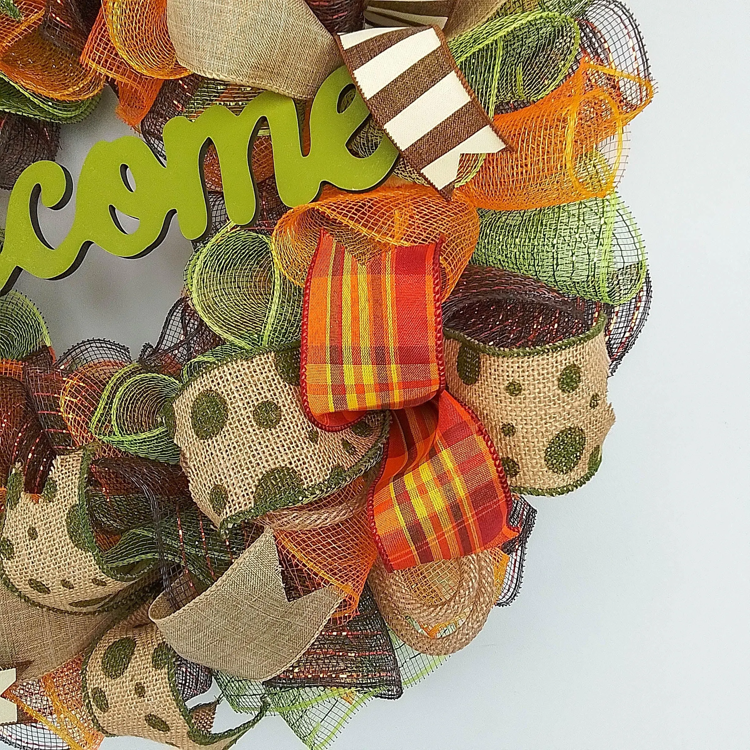 Welcome Wreath for Fall, Green Front Door Wreath for Thanksgiving : F1