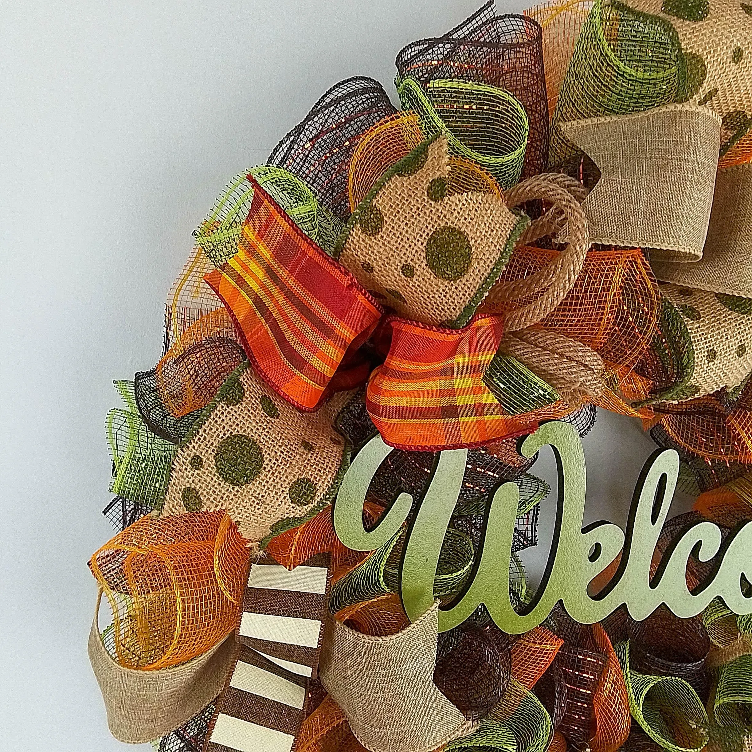 Welcome Wreath for Fall, Green Front Door Wreath for Thanksgiving : F1