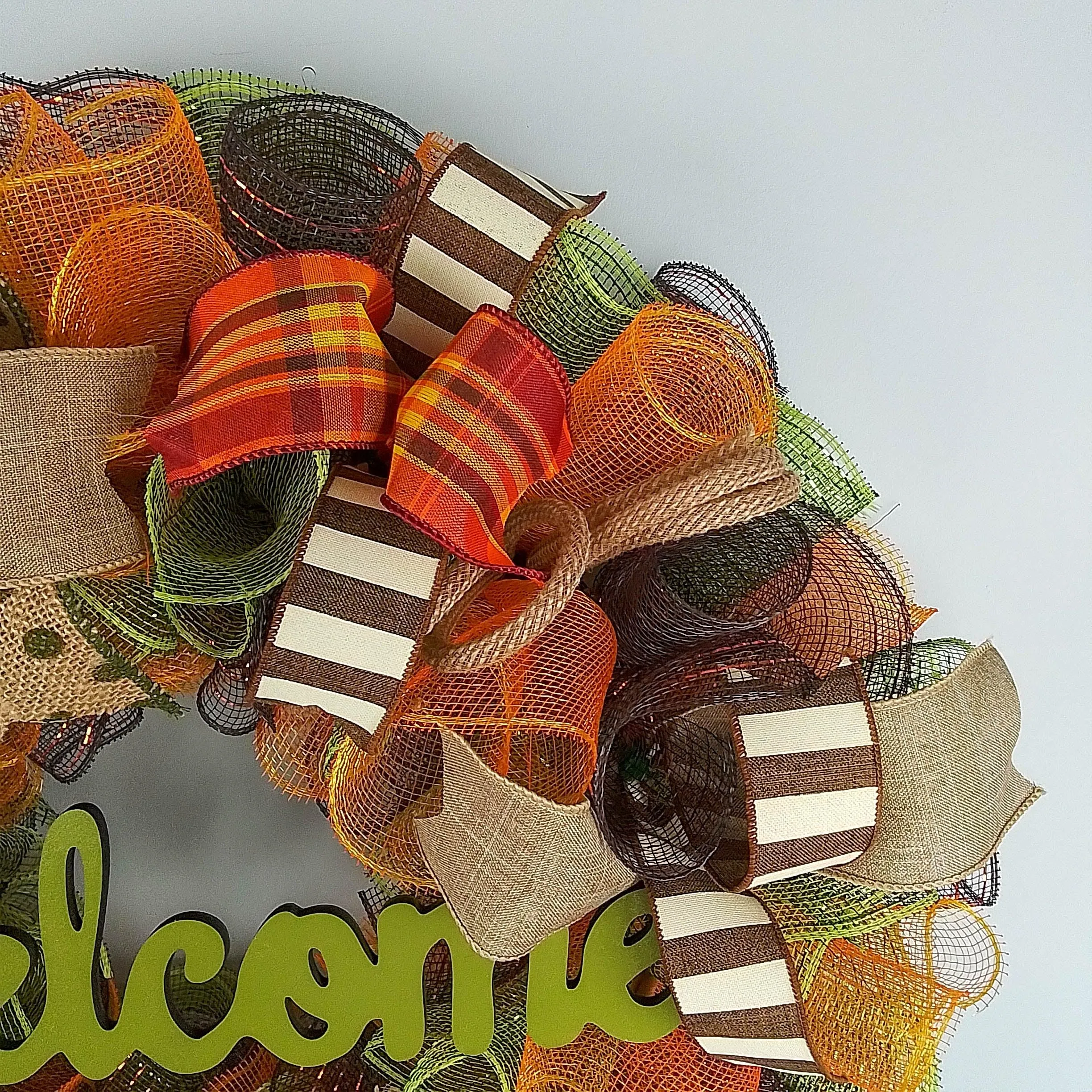 Welcome Wreath for Fall, Green Front Door Wreath for Thanksgiving : F1