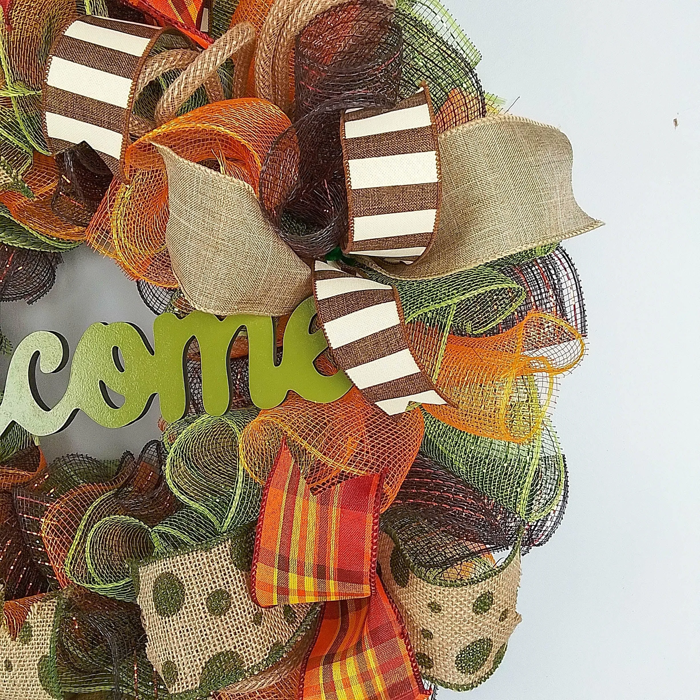 Welcome Wreath for Fall, Green Front Door Wreath for Thanksgiving : F1